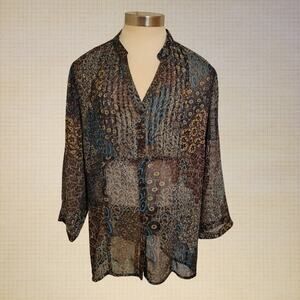 Christopher and Banks Oversized Boho Blouse Lightweight Flowing Feather Pattern